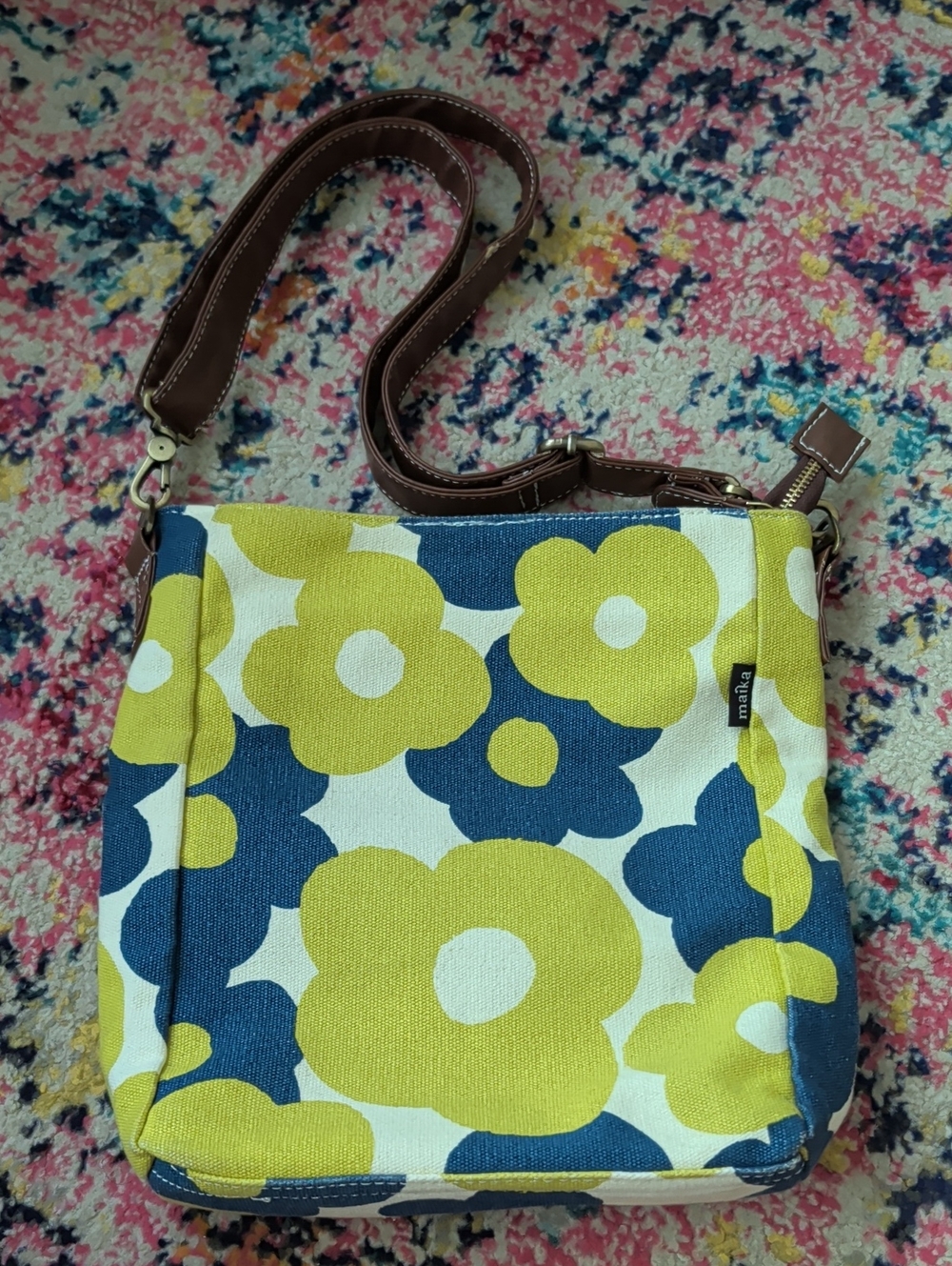 Maika Chartreuse & Navy Floral Canvas Crossbody with Brown Strap